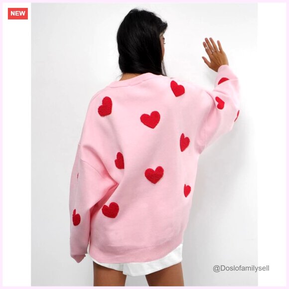 Heart Print Sweatshirt Oversized Pullover Casual Crewneck Y2K Valentine Top - Picture 4 of 7